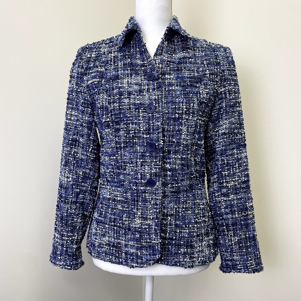 Coldwater Creek Blue Tweed Boucle Blazer Jacket Petite P10 Button Front Lined